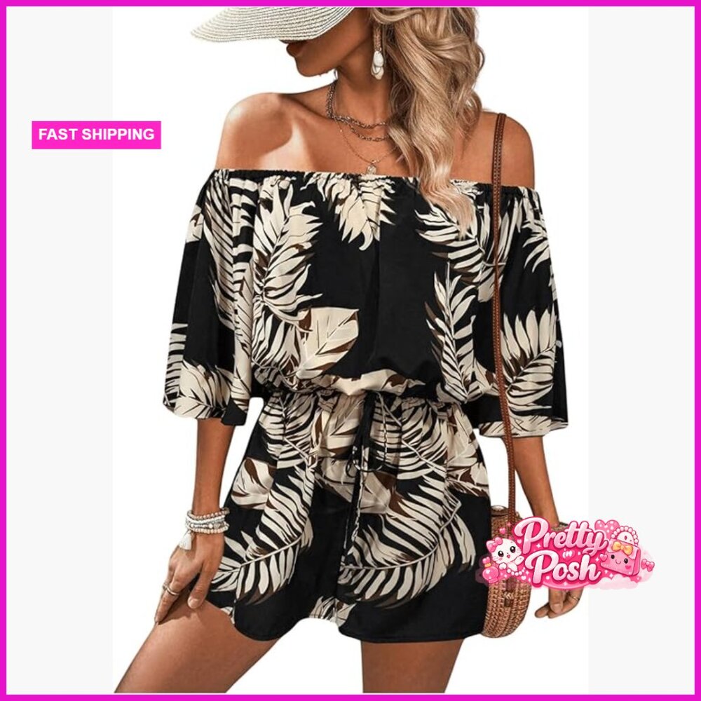 Off Shoulder Flutter Sleeve Boho Tropical Romper Polyester Blend